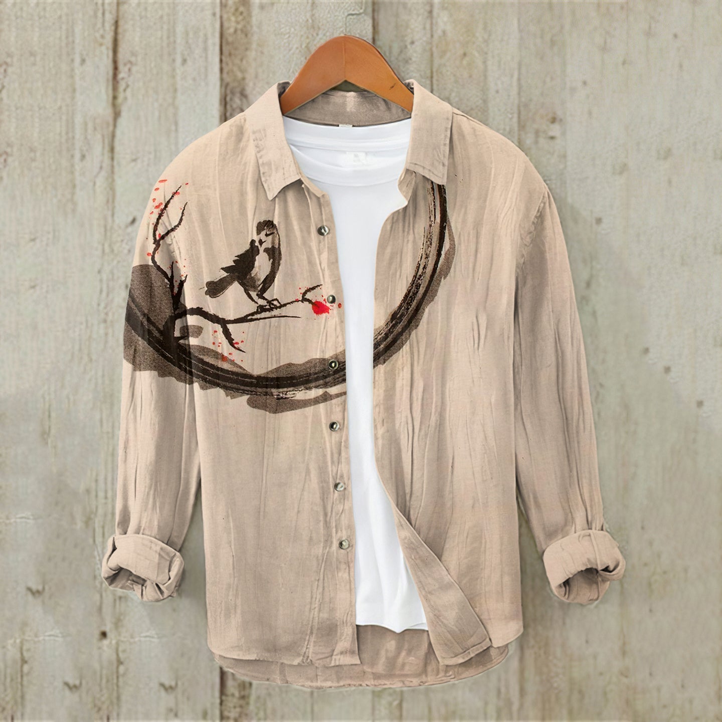 Men'S Japanese Art Bird Linen Blend Shirt