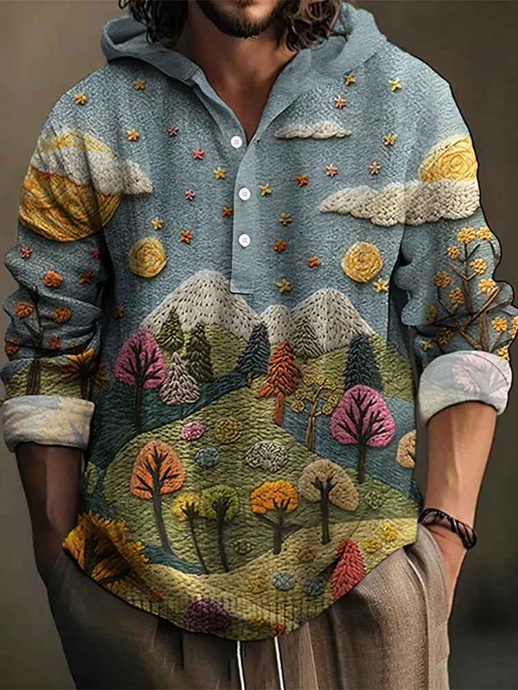 Men's Colored Forest Mountain View Embroidery Print Linen Hooded Shirt