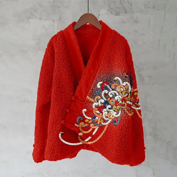 Embroidered Japanese Flower Art Fleece Kimono Cardigan