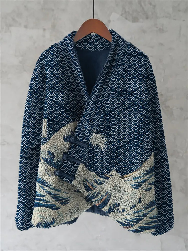 Great Wave Japanese Sea Waves Pattern Cozy Fleece Kimono Cardigan