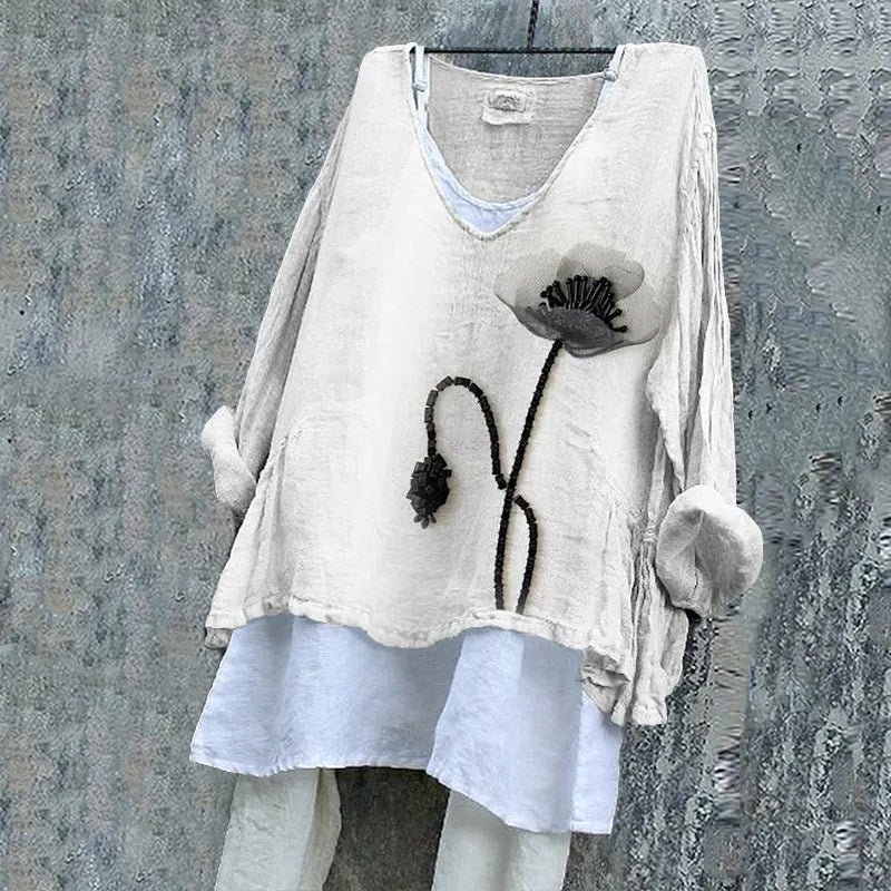 Black Poppy Flower Beaded Fiber Art Linen Blend Tunic
