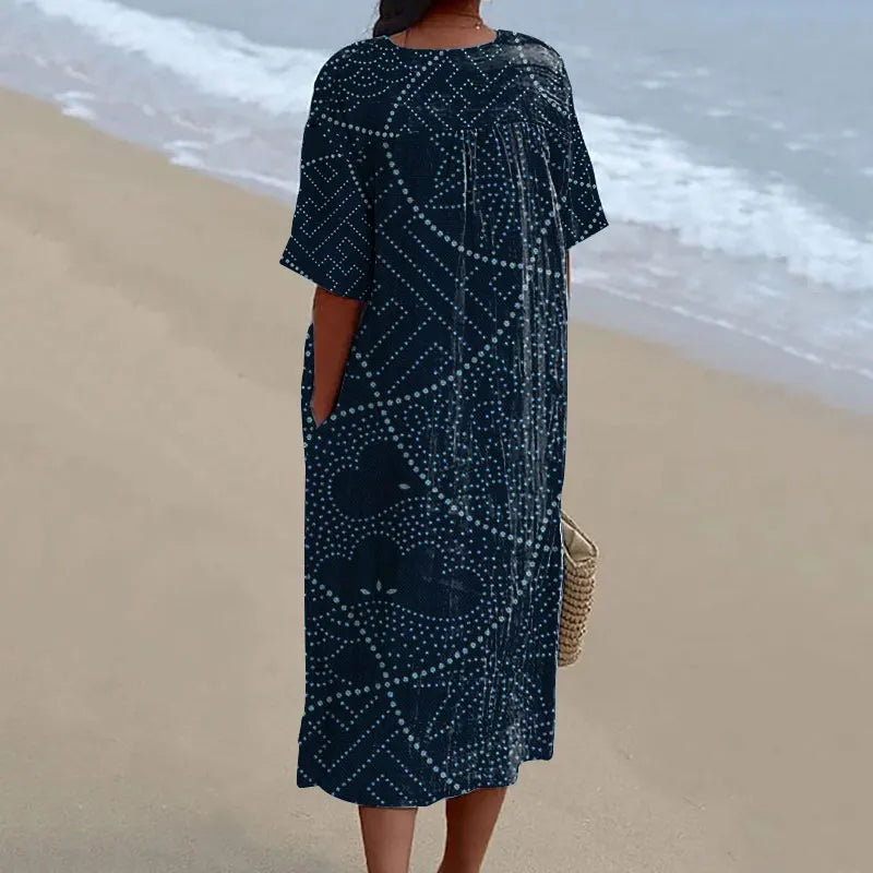 Vintage Japanese Traditional Sashiko Patchwork Art Pattern Linen Blend Midi Dress
