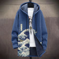 Men's Vintage Wave Japanese Art Cozy Hooded Cardigan
