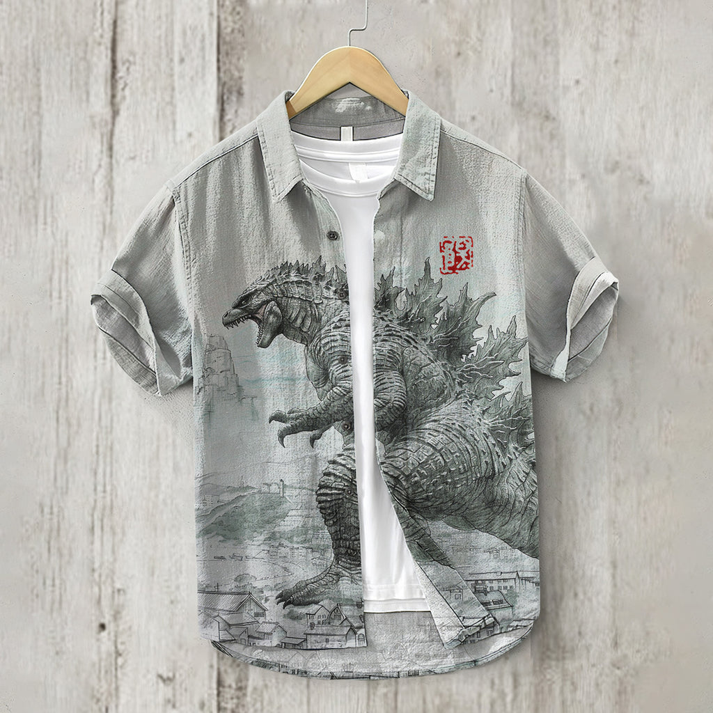 Vintage Godzilla Art Print Short Sleeved Linen Blend Shirt
