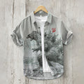 Vintage Godzilla Art Print Short Sleeved Linen Blend Shirt