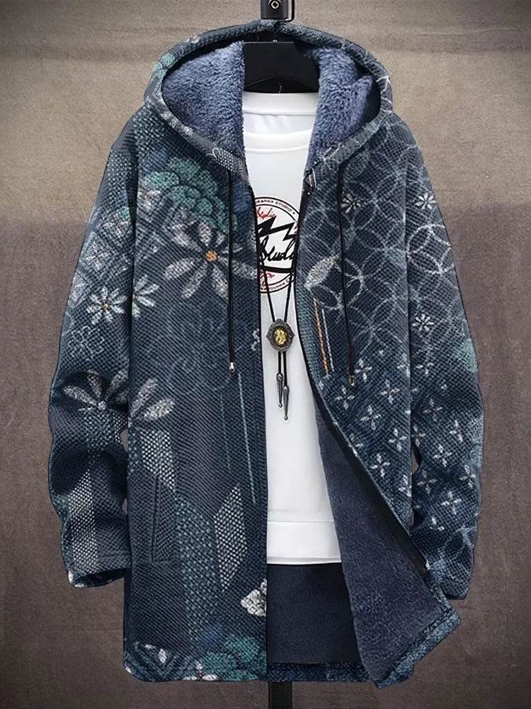 Vintage Japanese Traditional Sashiko Floral Art Pattern Art Cozy Hooded Cardigan