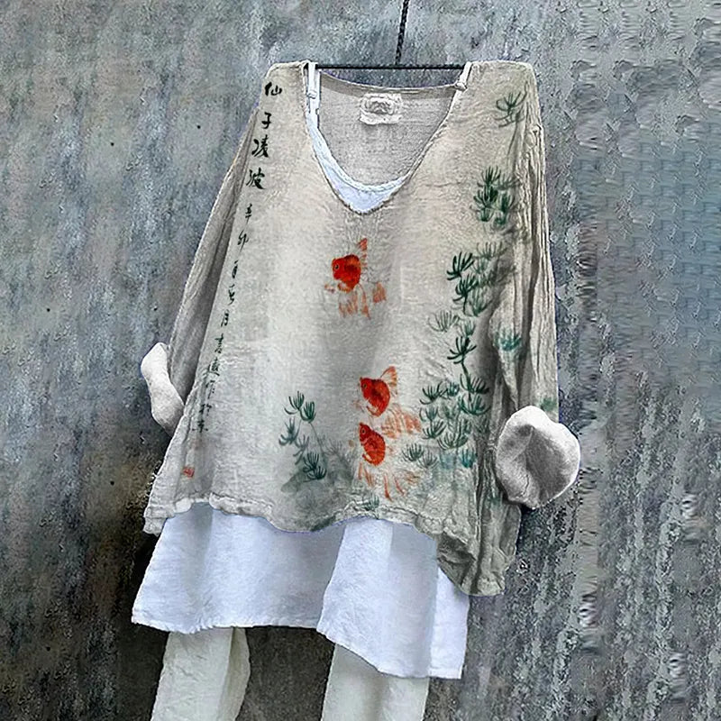 Women Bamboo And Goldfish Ink And Wash Printed V Neck Shirt