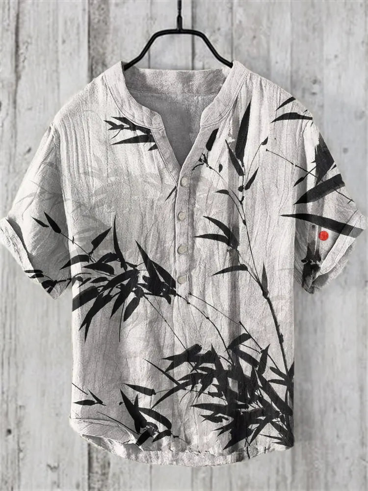 Men'S Japanese Art Bamboo Leaf Linen Blend Shirt