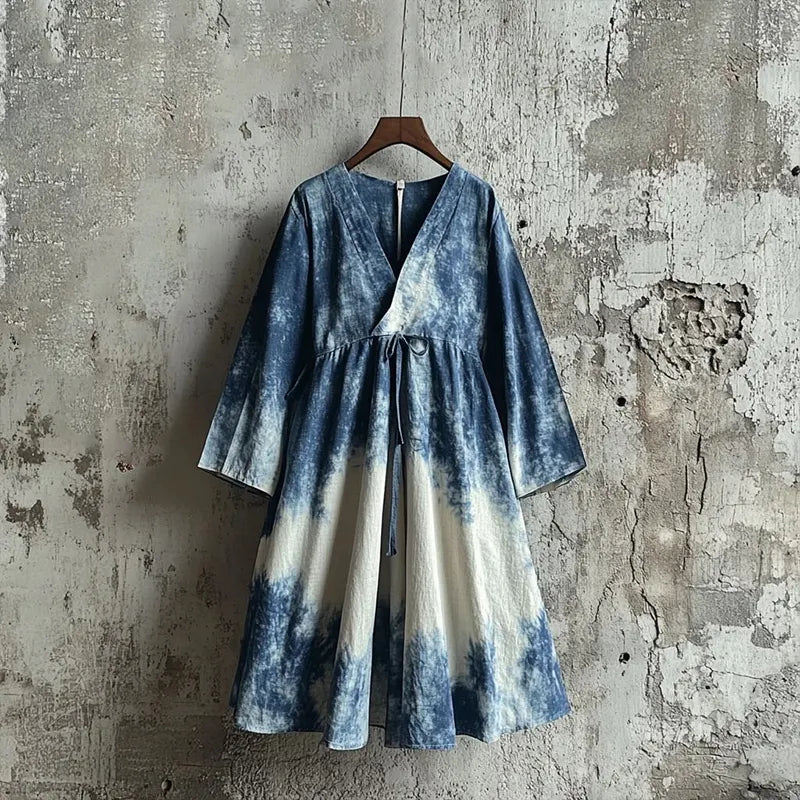 Women's Japanese Traditional Art Indigo Tie-dye Cozy V-neck Dress
