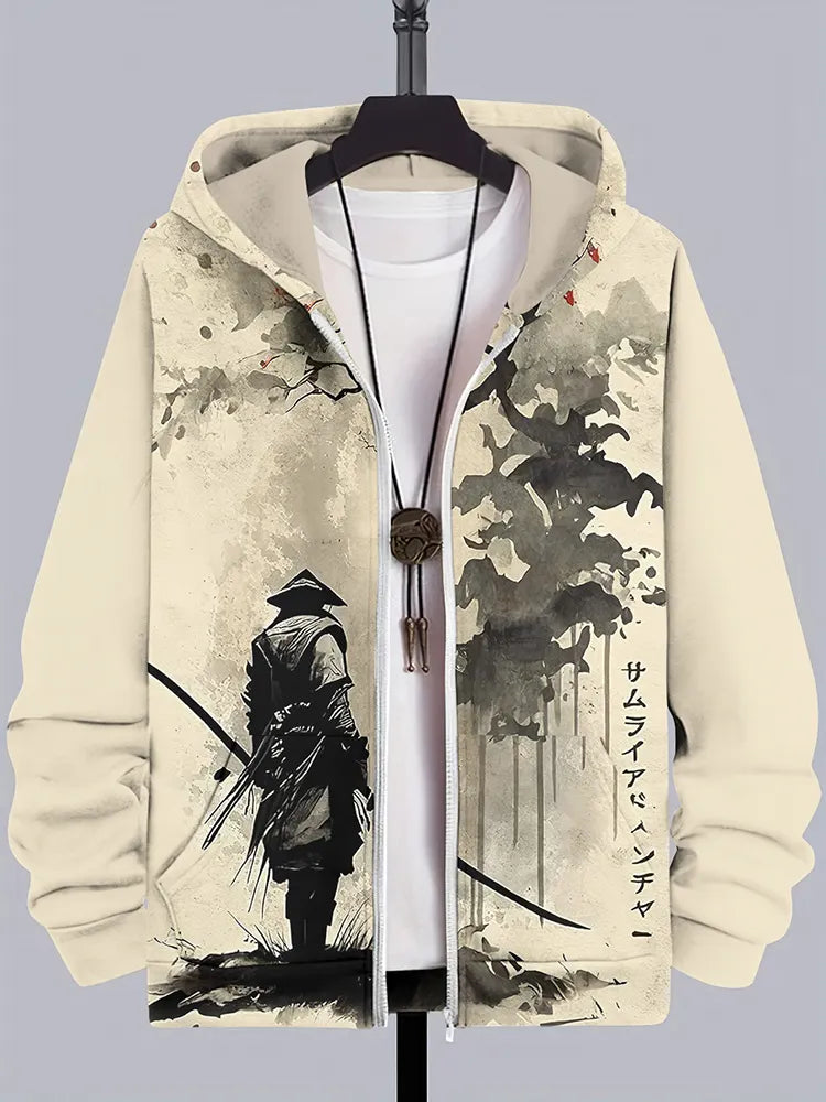 Men's Retro Japanese Samurai Ink Painting Art Casual Hooded Zip Up Jacket