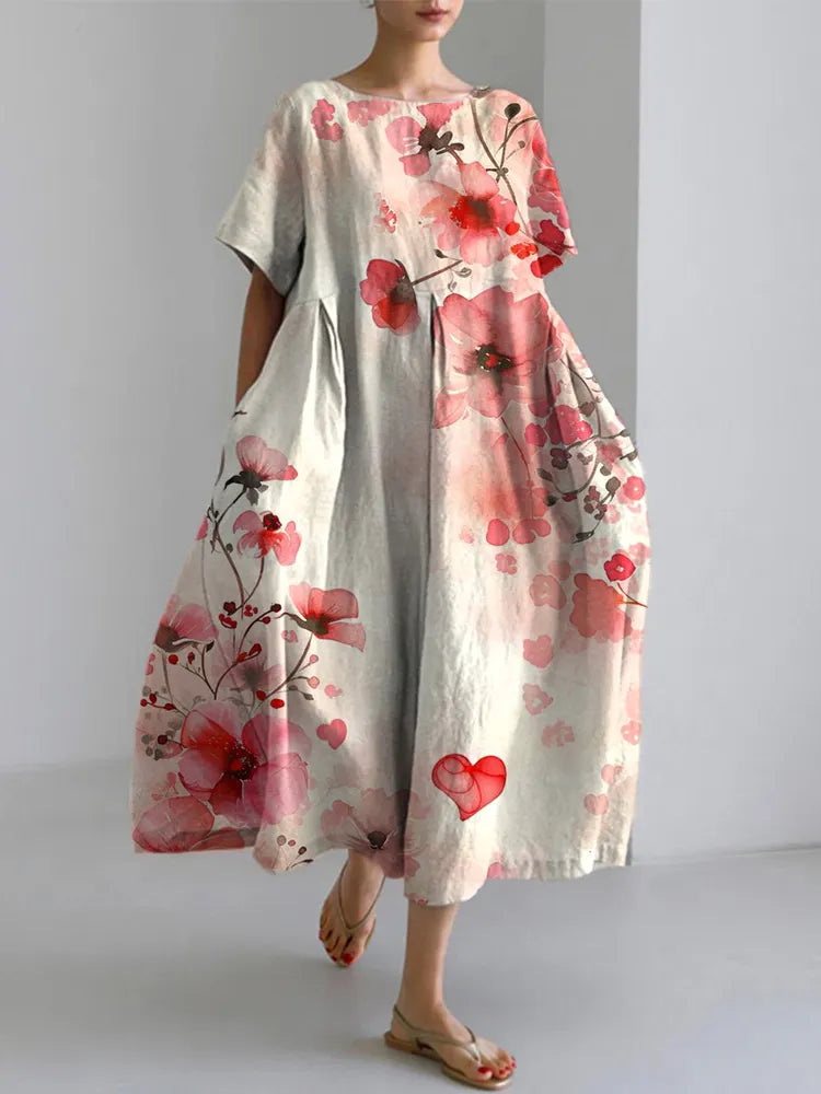 Vintage Floral Watercolor Art Cozy Cotton Linen Dress