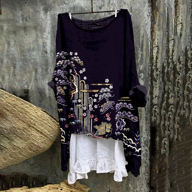 Japanese Embroidered Art Linen Blend Flowy Tunic