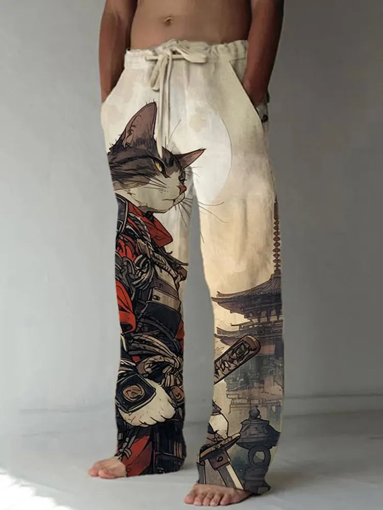 Men's Cat Warrior Guard with Knife Art Print Linen Blend Casual Pants
