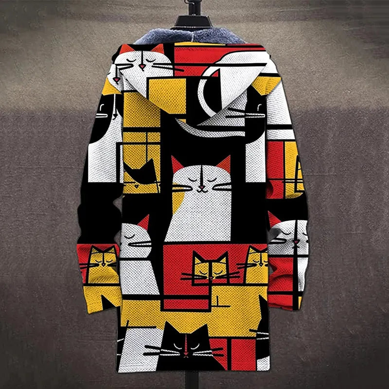 Men'S Abstract Geometric Cat Art Cozy Hooded Cardigan