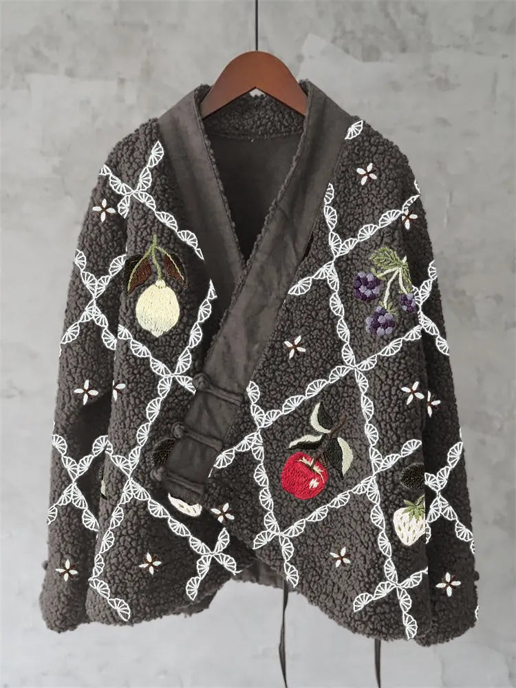 Japanese Floral Embroidery Print Plush Kimono Cardigan