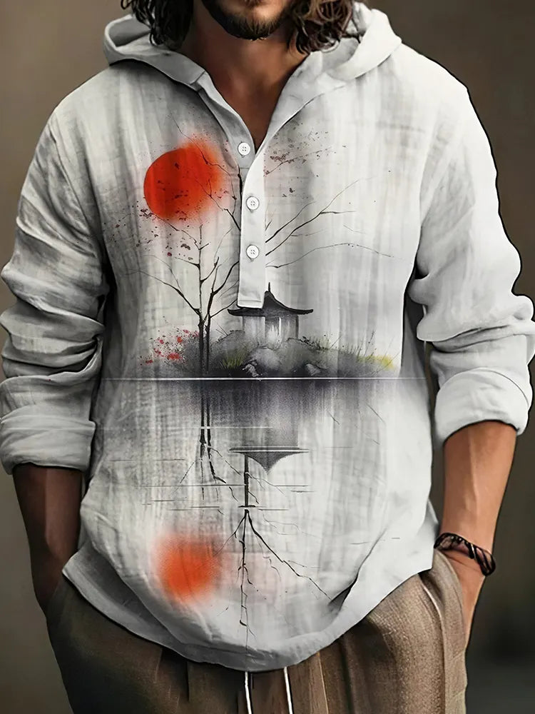Men's Japanese Art Linen Blend Casual Hooded Shirt