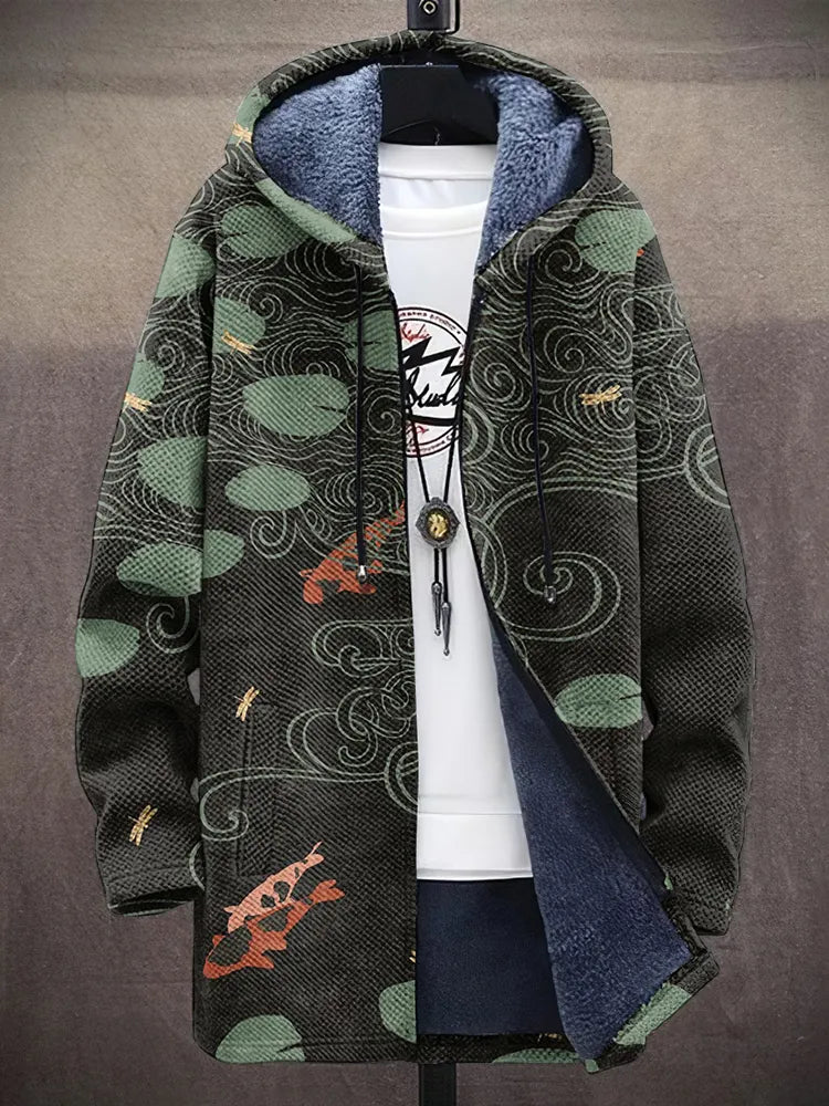 Japanese Koi Pond Wood Art Pattern Plush Men'S Jacket