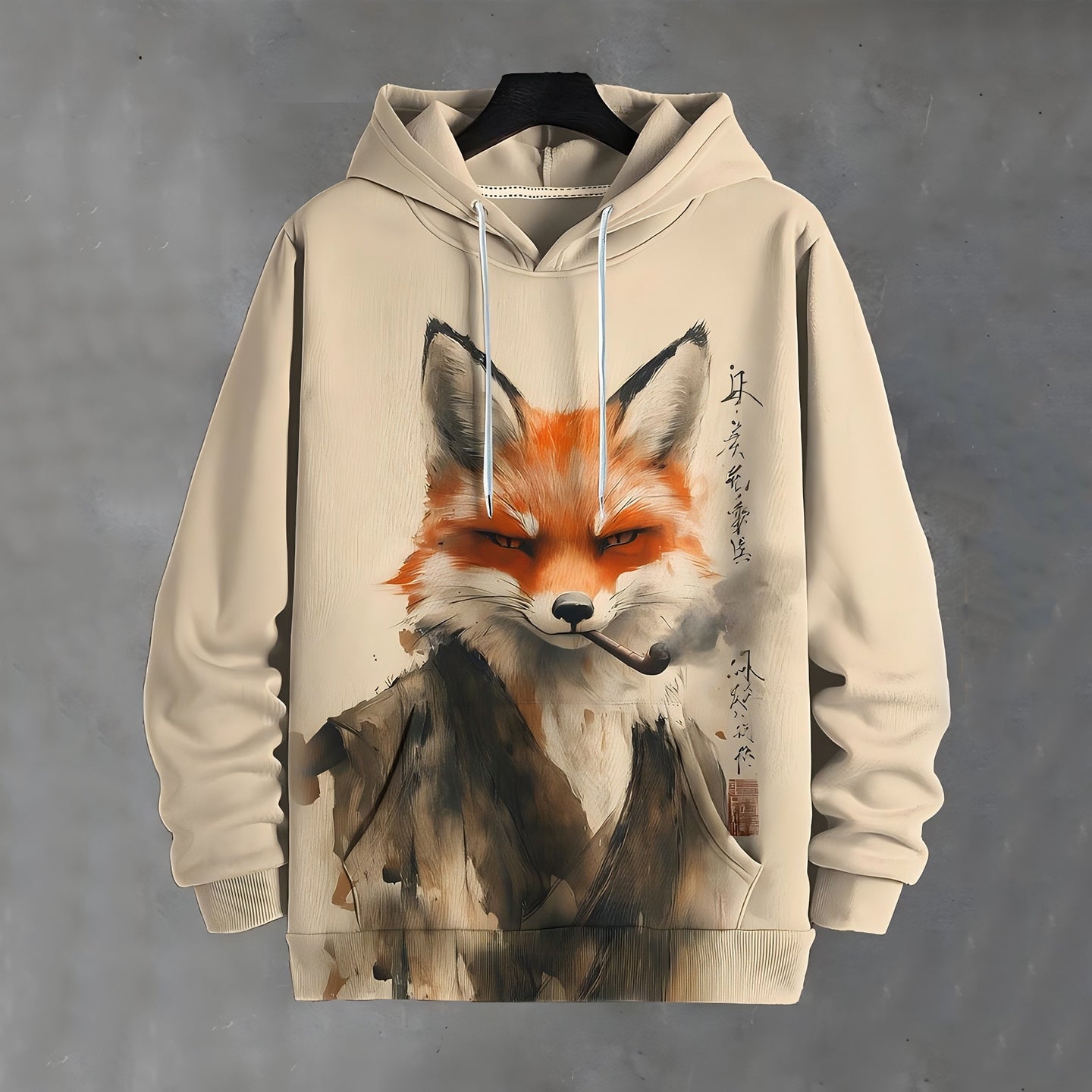 Men's Japanese Art Fox Print Vintage Hooded Sweatshirt