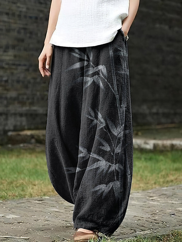 Vintage Bamboo Leaf Linen Blend Comfy Pants