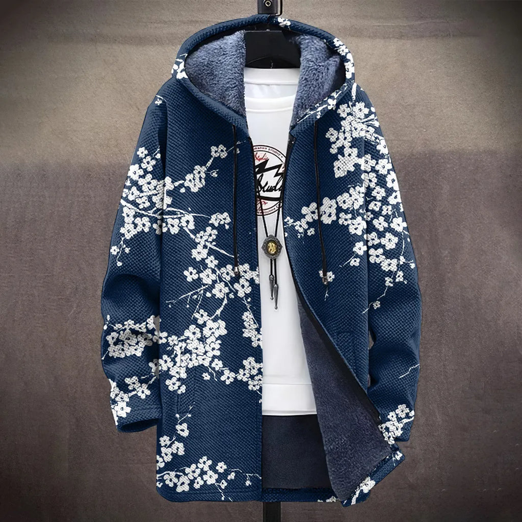 Men's Cherry Blossom Japanese Lino Pattern Cozy Hooded Cardigan