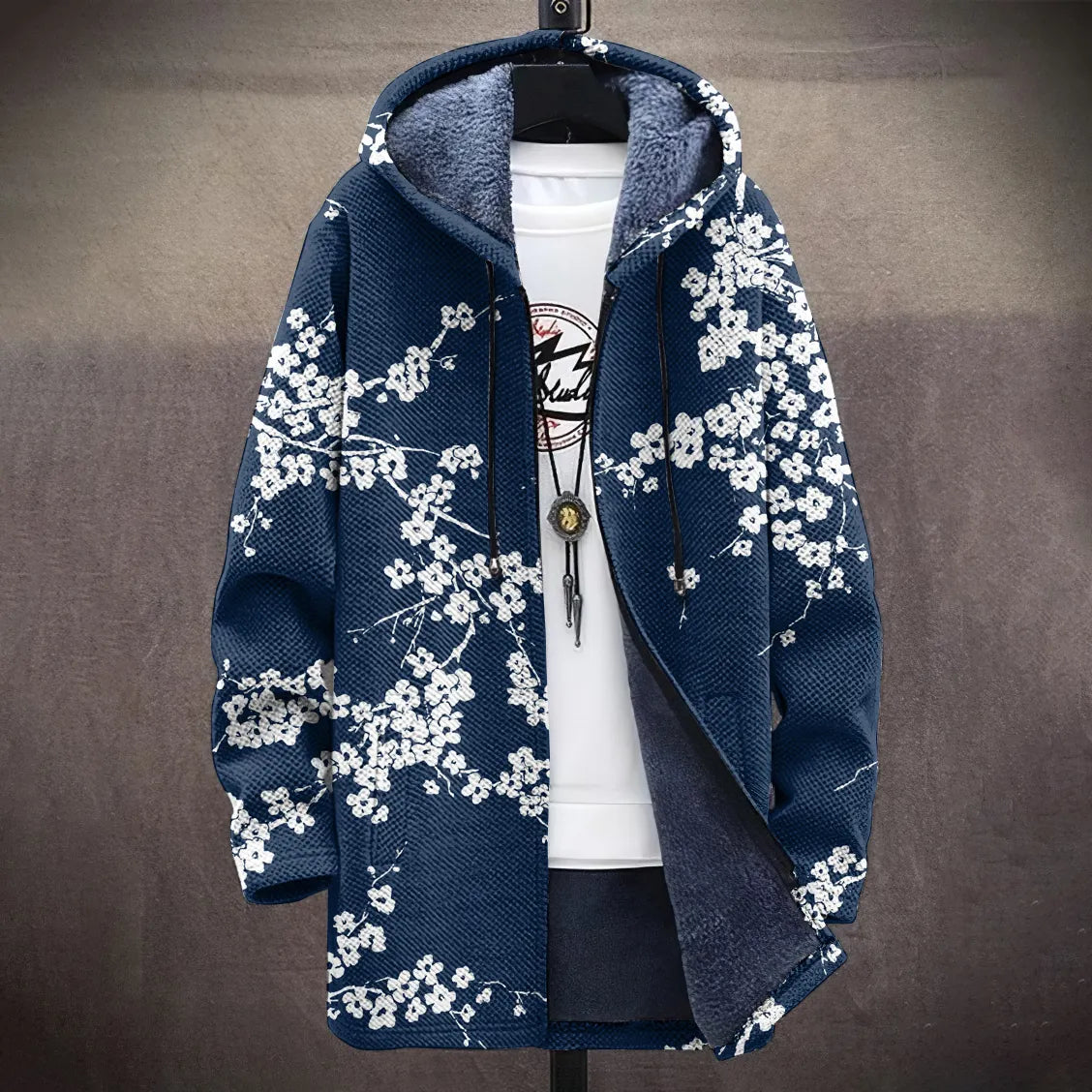 Men's Cherry Blossom Japanese Lino Pattern Cozy Hooded Cardigan